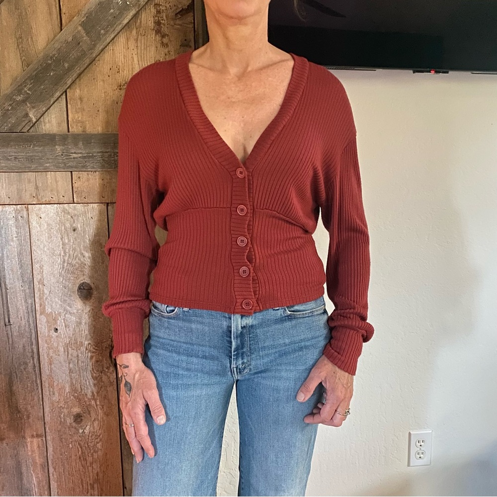 Reformation Jeans Red Cardigan Sweater V-Neck Slim Fit